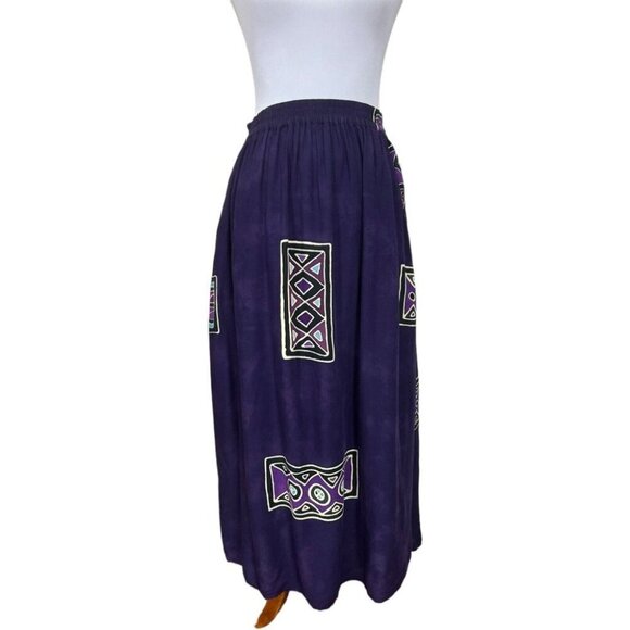 Bali Batiks OS Purple Hand Dyed Batik Calf Midi Skirt Flowy Vacation Resort - Picture 2 of 7